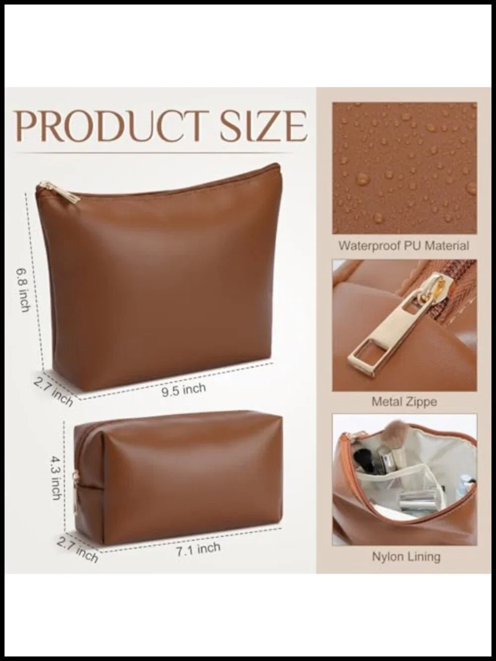 2 Pcs PU Leather Makeup Bag Set Waterproof Travel Toiletry Organizer
